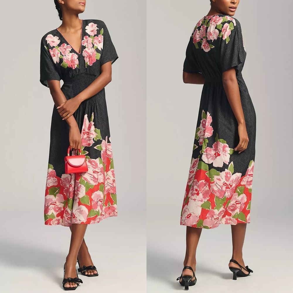 🆕️ Anthro x bl-nk The Tatiana Kaftan Maxi Dress Black Floral - One Size Petite
